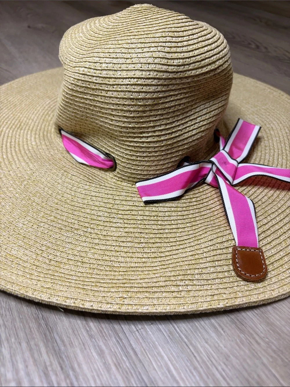 J. Crew Floppy Straw Sun Hat with Pink Striped Bow summer beach vacation cruise